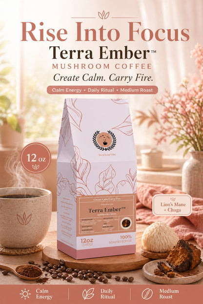 TERRA EMBER™ — Mushroom Coffee (Lion’s Mane and Chaga)- Tasting Notes: Cocoa • Toasted Almond • Gentle Earth - Origin/ Region: Brazil (Cerrado)• Mexico (Chiapas)