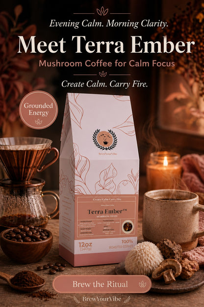 TERRA EMBER™ — Mushroom Coffee (Lion’s Mane and Chaga)- Tasting Notes: Cocoa • Toasted Almond • Gentle Earth - Origin/ Region: Brazil (Cerrado)• Mexico (Chiapas)