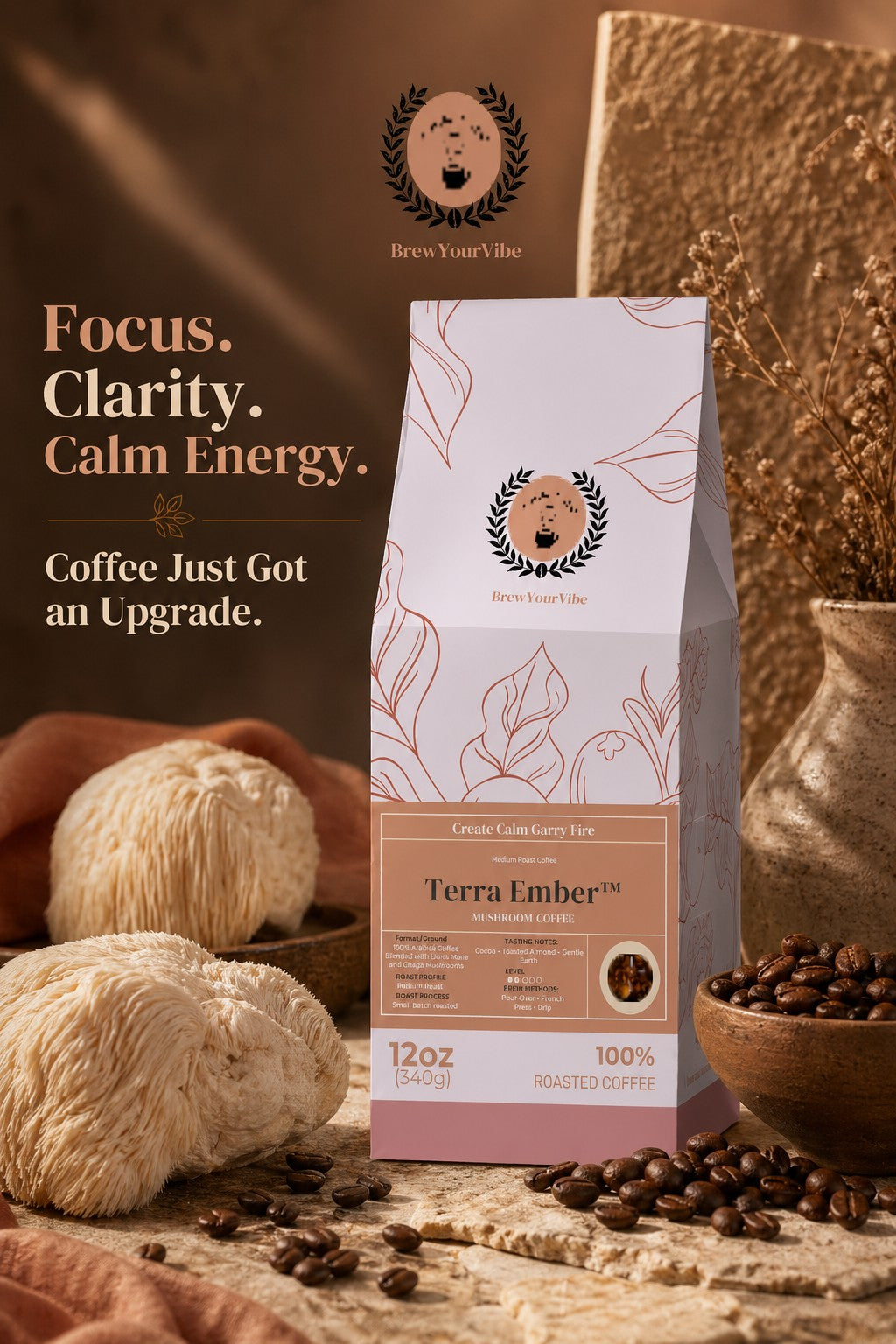 TERRA EMBER™ — Mushroom Coffee (Lion’s Mane and Chaga)- Tasting Notes: Cocoa • Toasted Almond • Gentle Earth - Origin/ Region: Brazil (Cerrado)• Mexico (Chiapas)