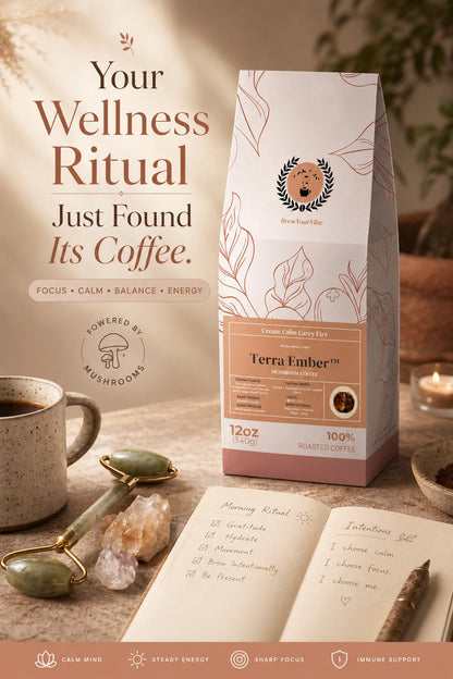 TERRA EMBER™ — Mushroom Coffee (Lion’s Mane and Chaga)- Tasting Notes: Cocoa • Toasted Almond • Gentle Earth - Origin/ Region: Brazil (Cerrado)• Mexico (Chiapas)