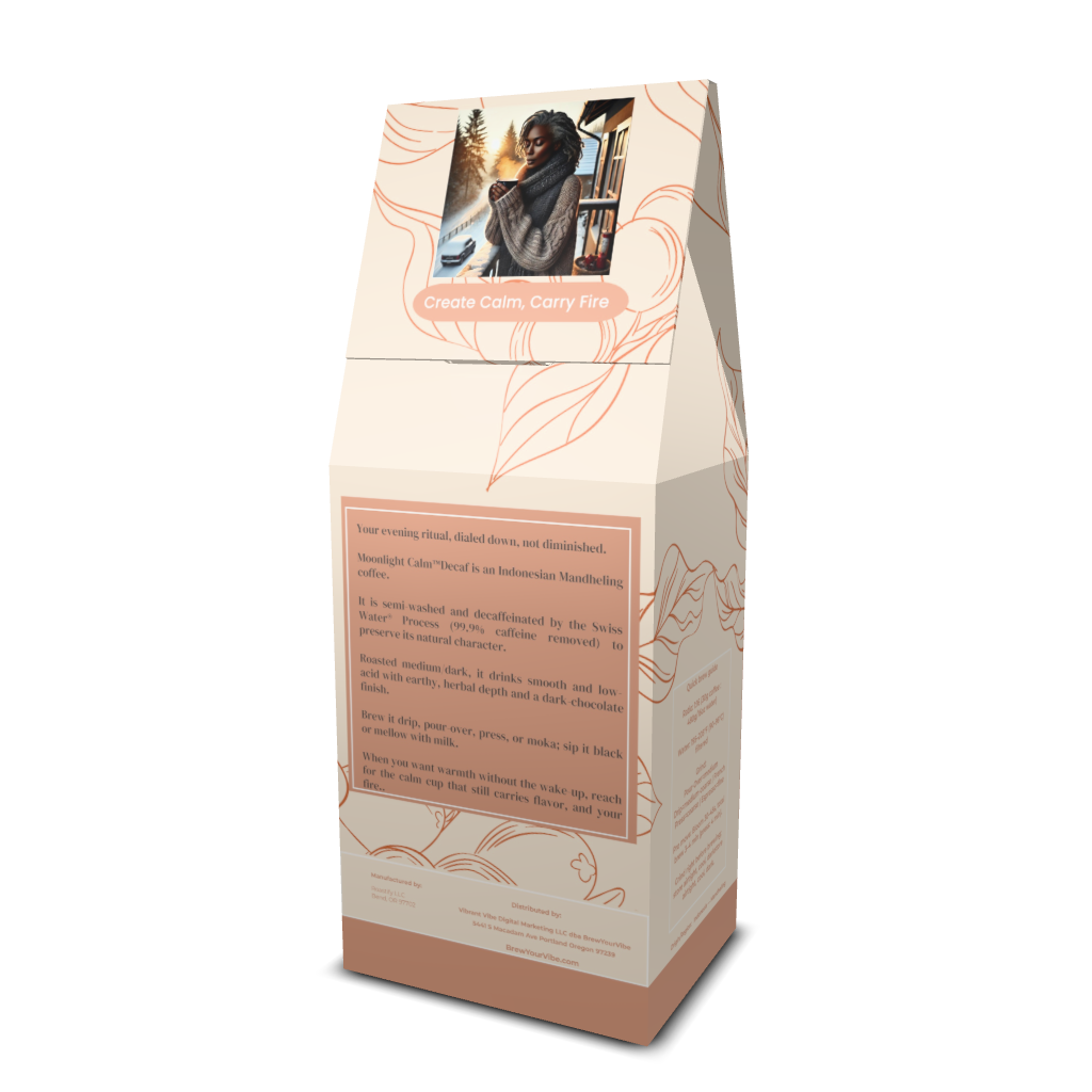MOONLIGHT CALM™ Decaf -Medium Dark Roast Coffee (Whole Bean) Tasting Notes: Earthy • Herbal Notes •  Dark Chocolate - Origin/Region: Indonesia/Mandheling