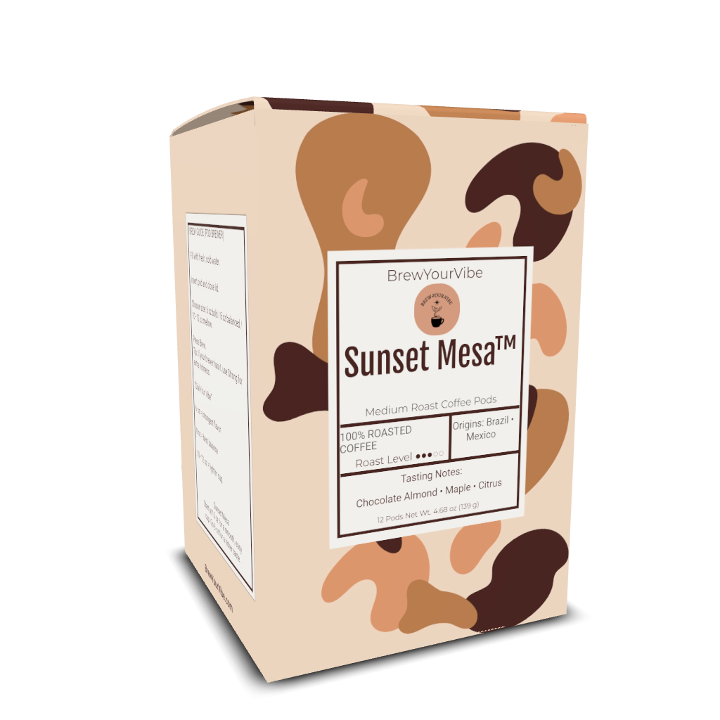 SUNSET MESA™ — Medium Roast Coffee Pods (12ct) - Tasting Notes: Chocolate-Almond • Maple • Citrus - Origins: Brazil • Mexico (Chiapas) — 100% Arabica