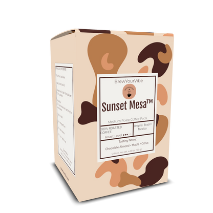 SUNSET MESA™ — Medium Roast Coffee Pods (12ct) - Tasting Notes: Chocolate-Almond • Maple • Citrus - Origins: Brazil • Mexico (Chiapas) — 100% Arabica
