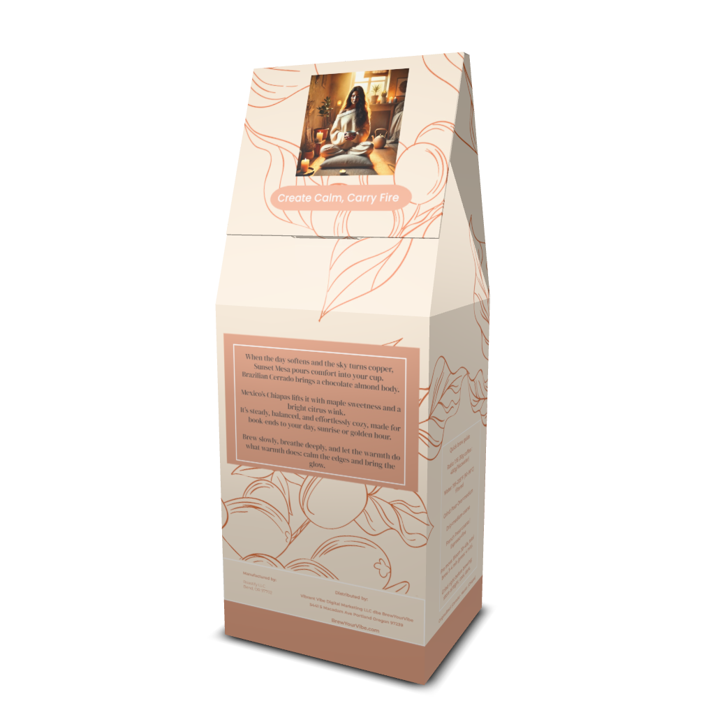 SUNSET MESA™ — Medium Roast Coffee (Whole Bean)  Tasting Notes: Chocolate-Almond • Maple • Citrus - Origins: Brazil • Mexico (Chiapas) — 100% Arabica