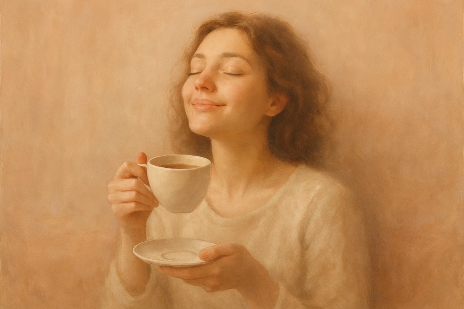 woman in ecstasy drinking coffee, peach and beige colors, muted tone, feeling of calm and serenity